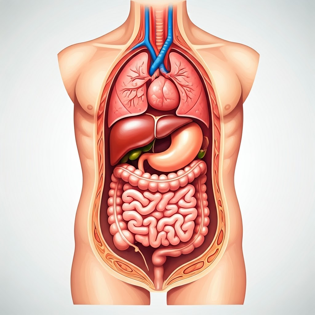Medical cutaway contrasts subcutaneous fat under the skin with deeper visceral fat around organs