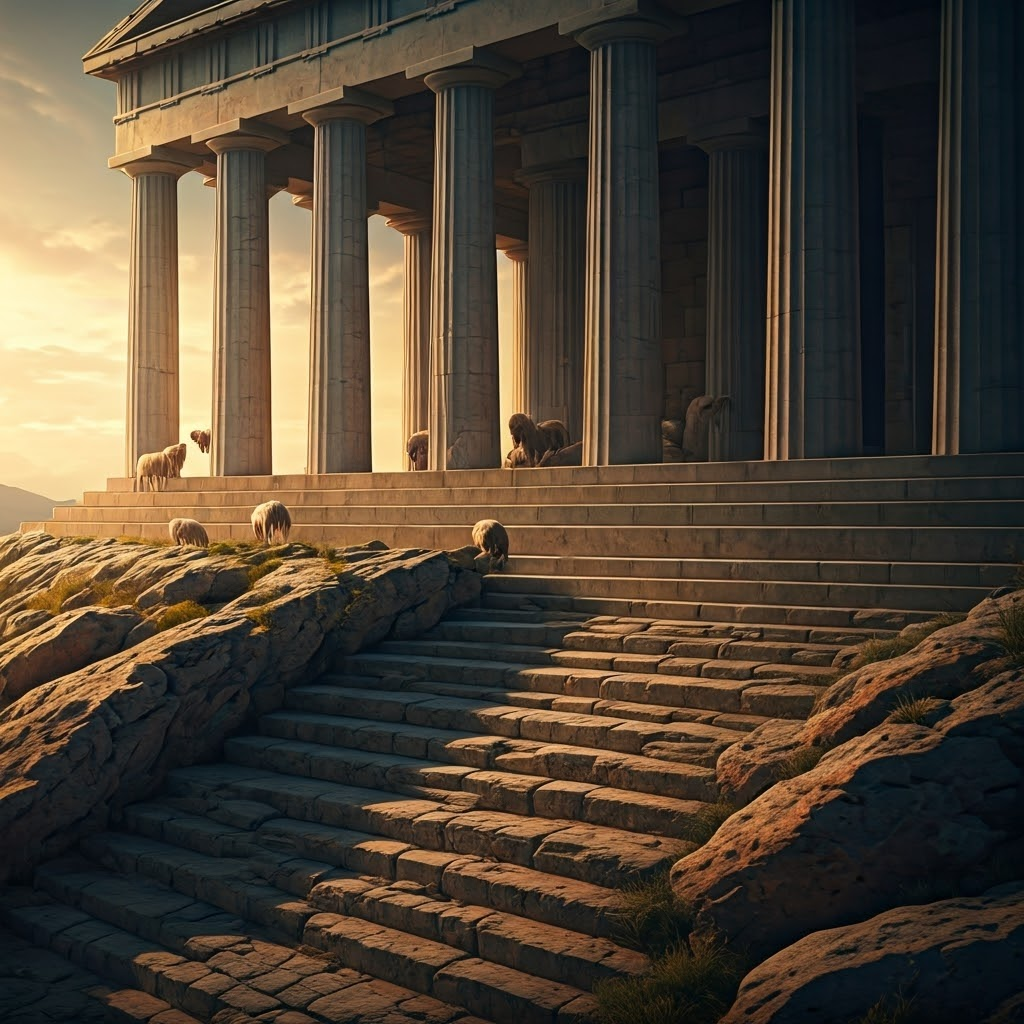 White-marble Greek temple atop a rocky acropolis glowing at golden hour. Pilgrims ascend worn steps while sheep graze below and sunlight bathes tall columns against a clear sky.