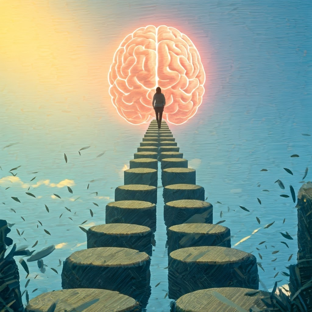 Person stepping across rough stones that smooth into a clear path leading into a stylized brain at sunrise.