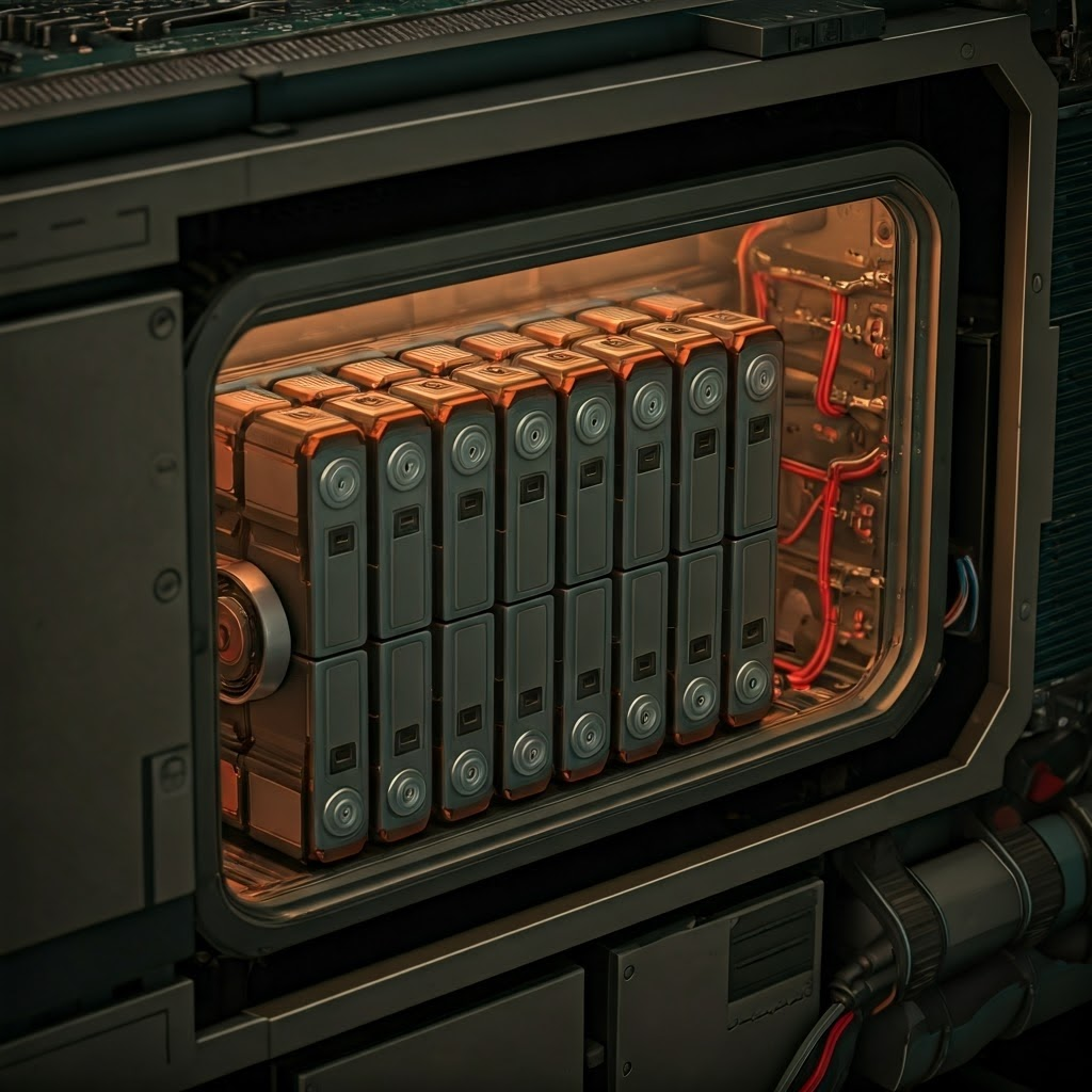 Neatly arranged lithium-ion and nickel-hydrogen cells inside a satellite power bay, reflecting robust construction