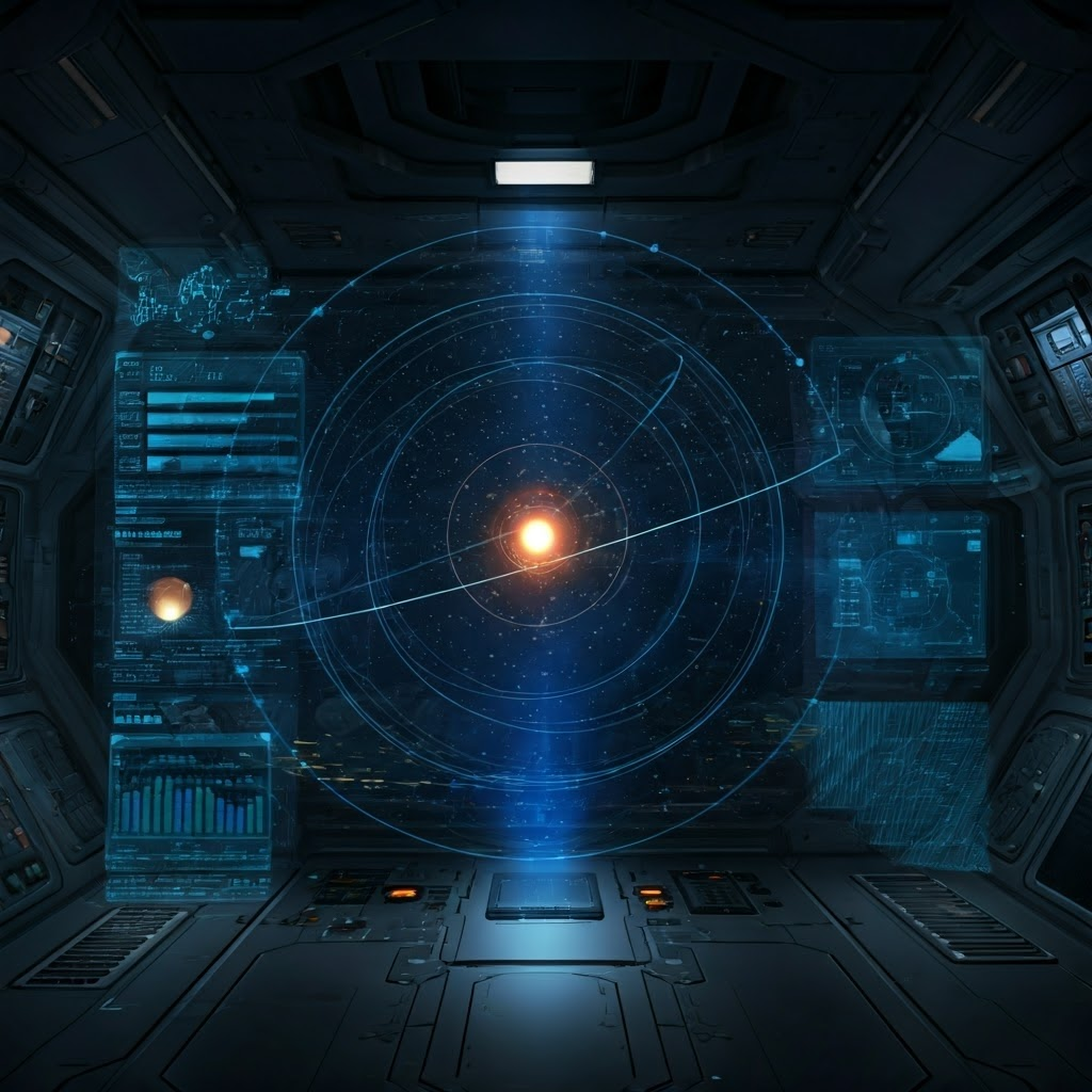 Futuristic display room showing real-time battery levels, orbit paths, and power loads for a satellite