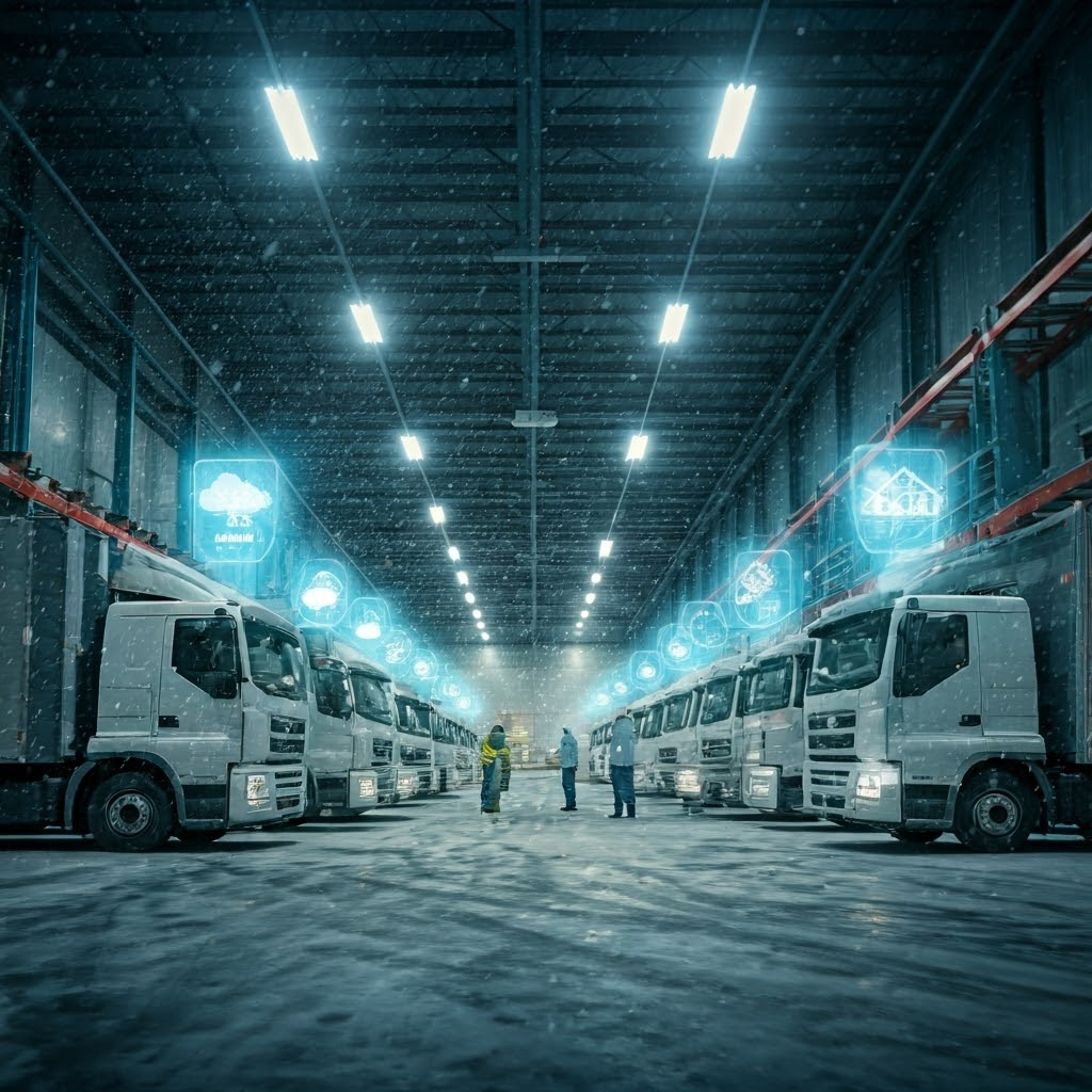 AI-guided warehouse manages inventory and fleets during severe winter weather.