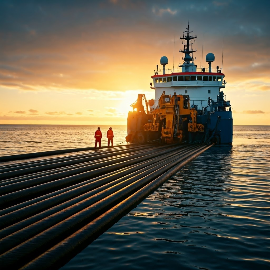 Cable-laying vessel deploying fiber on the seabed while a plow buries the line near shore.