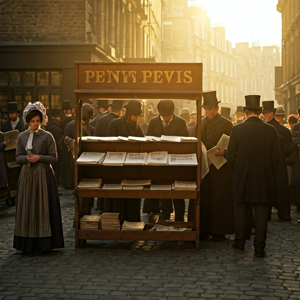 Victorian newsstand at sunrise where workers read penny papers—signaling the rise of affordable serial fiction