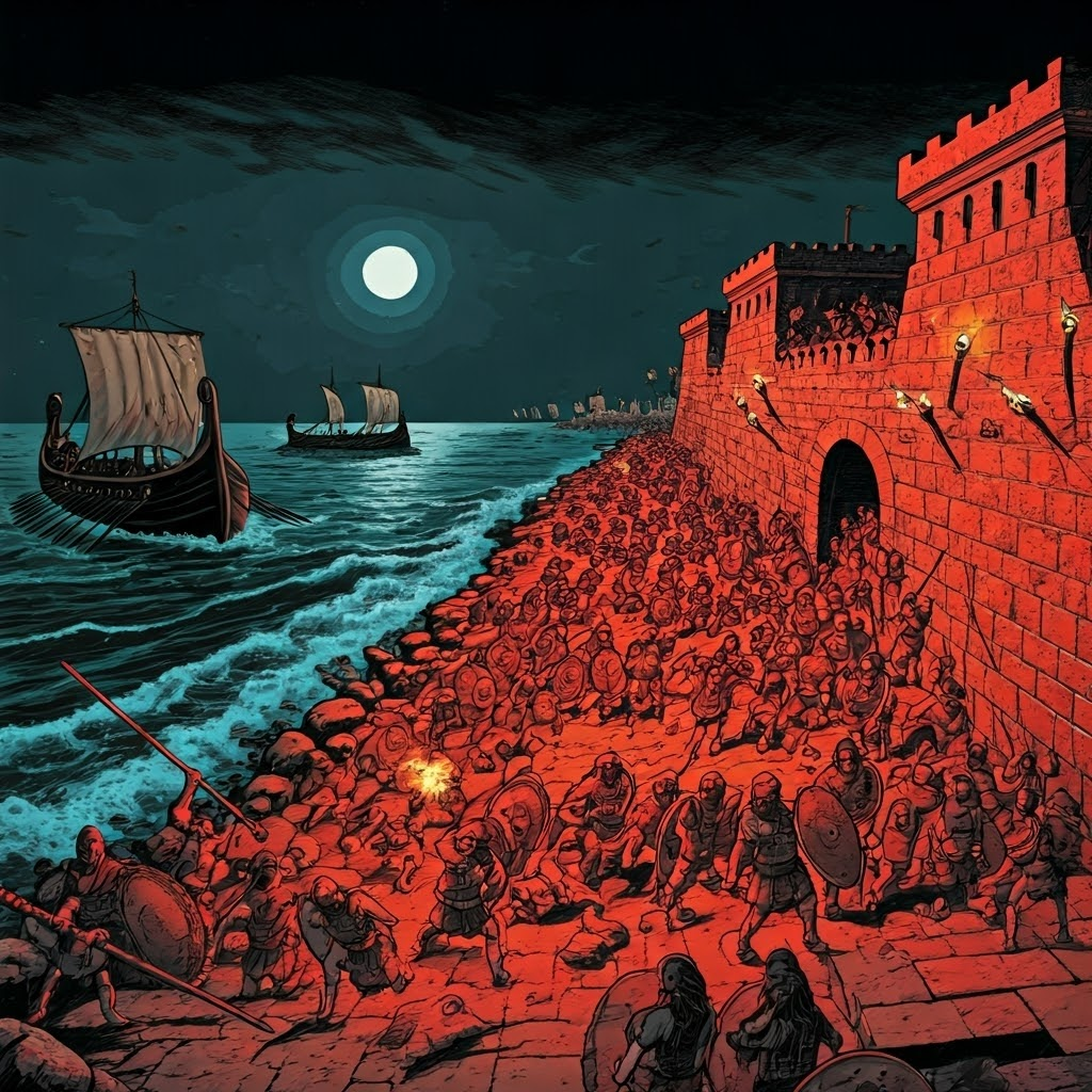 Illustration of Sea Peoples attacking a coastal Bronze Age city during nighttime raid.