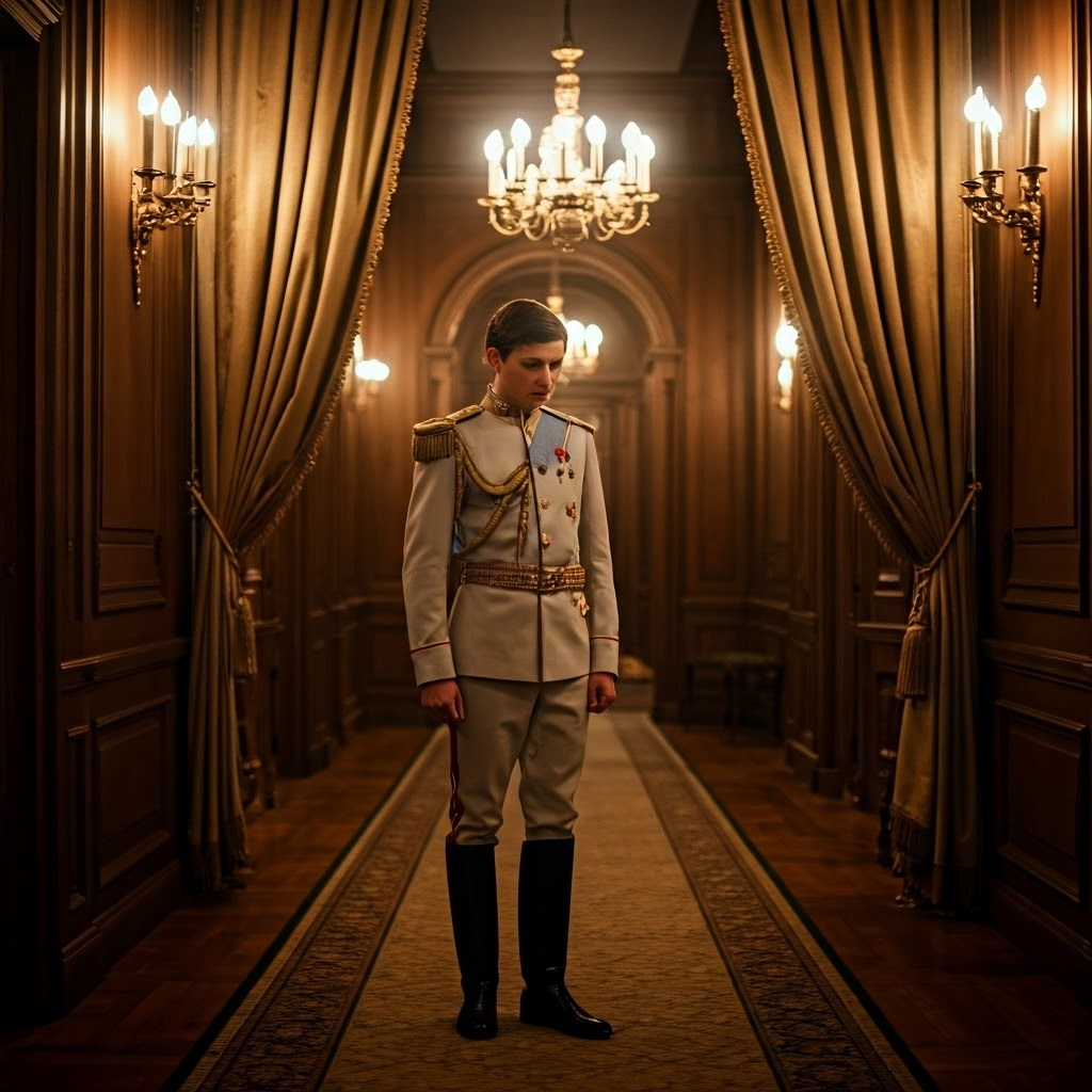 Young Nicholas II stands nervously in a dimly lit palace corridor, reflecting the vulnerability of Russia's fading monarchy.