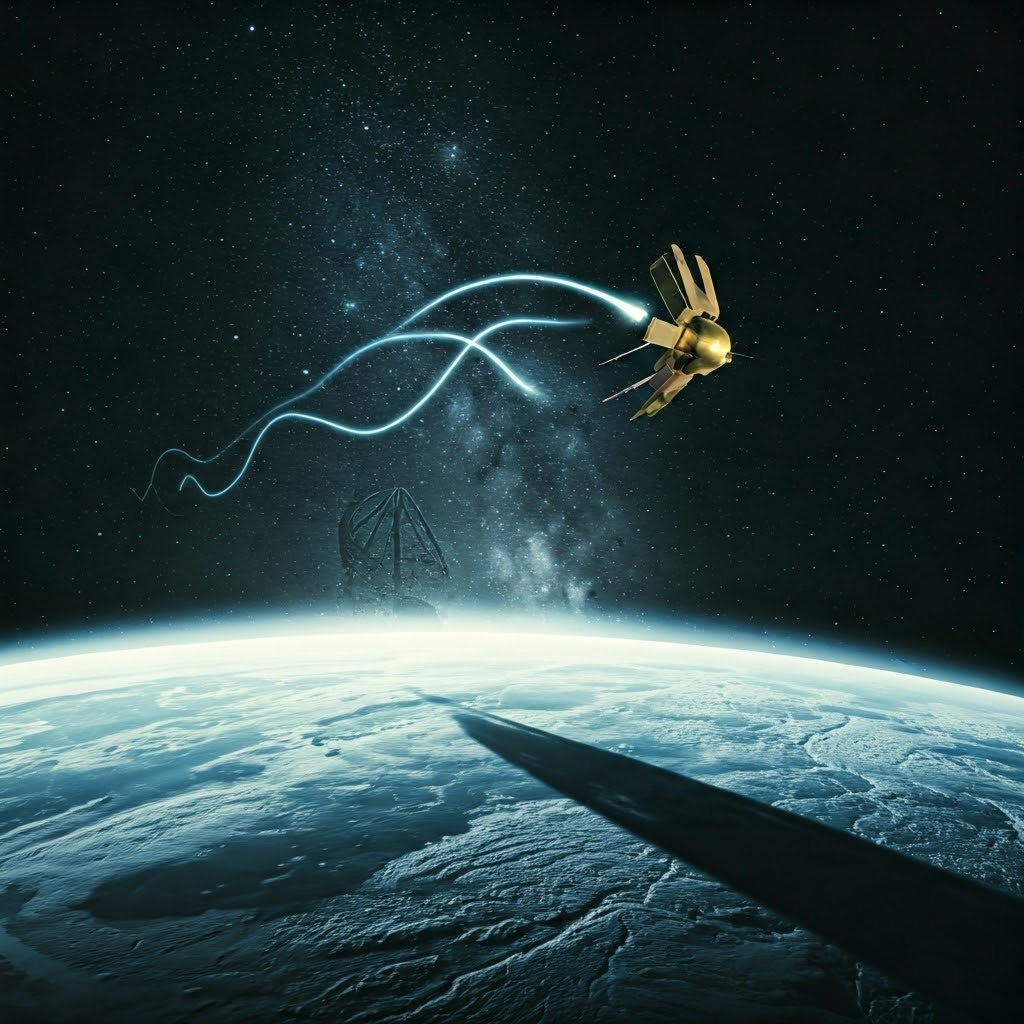 A small golden probe drifts beyond an icy planet while faint signal arcs reach a massive Earth dish, capturing the fragility of deep-space pings.