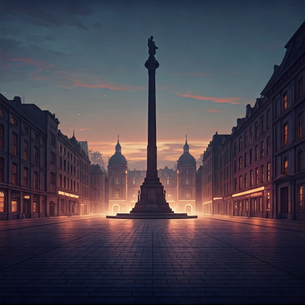 Twilight plaza with towering bronze statue lit by colorful neon guiding attention to multiple entrances