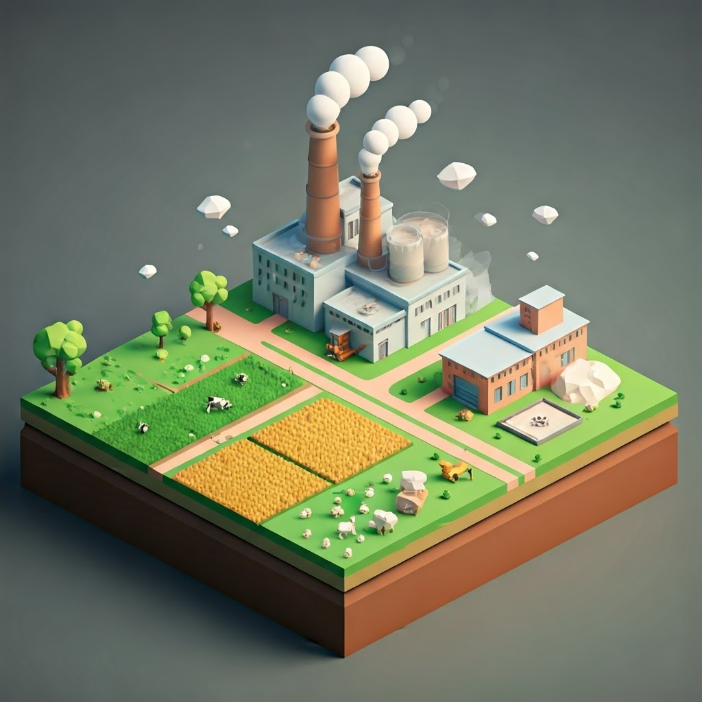 Low-poly landscape mixing farms, livestock, factories, and fertilizer spreaders