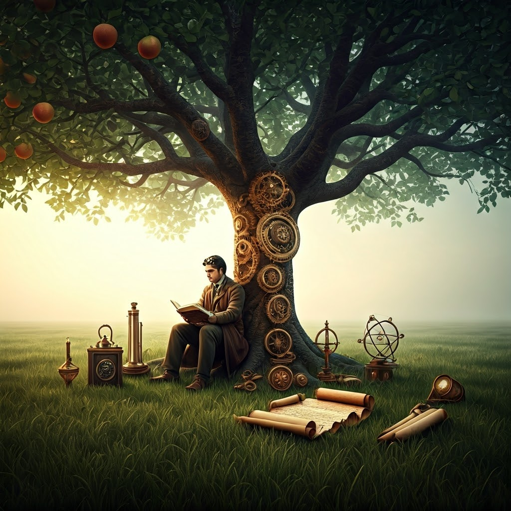 Under a sprawling apple tree, a scholar surrounded by gears and scrolls studies antique instruments in soft mist.