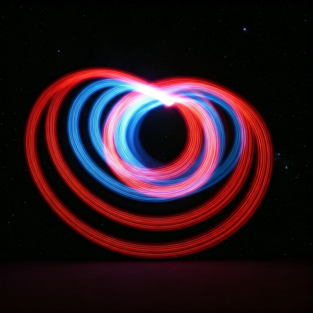 Light-painting photo showing sunlight entering an atmosphere and infrared waves curving back