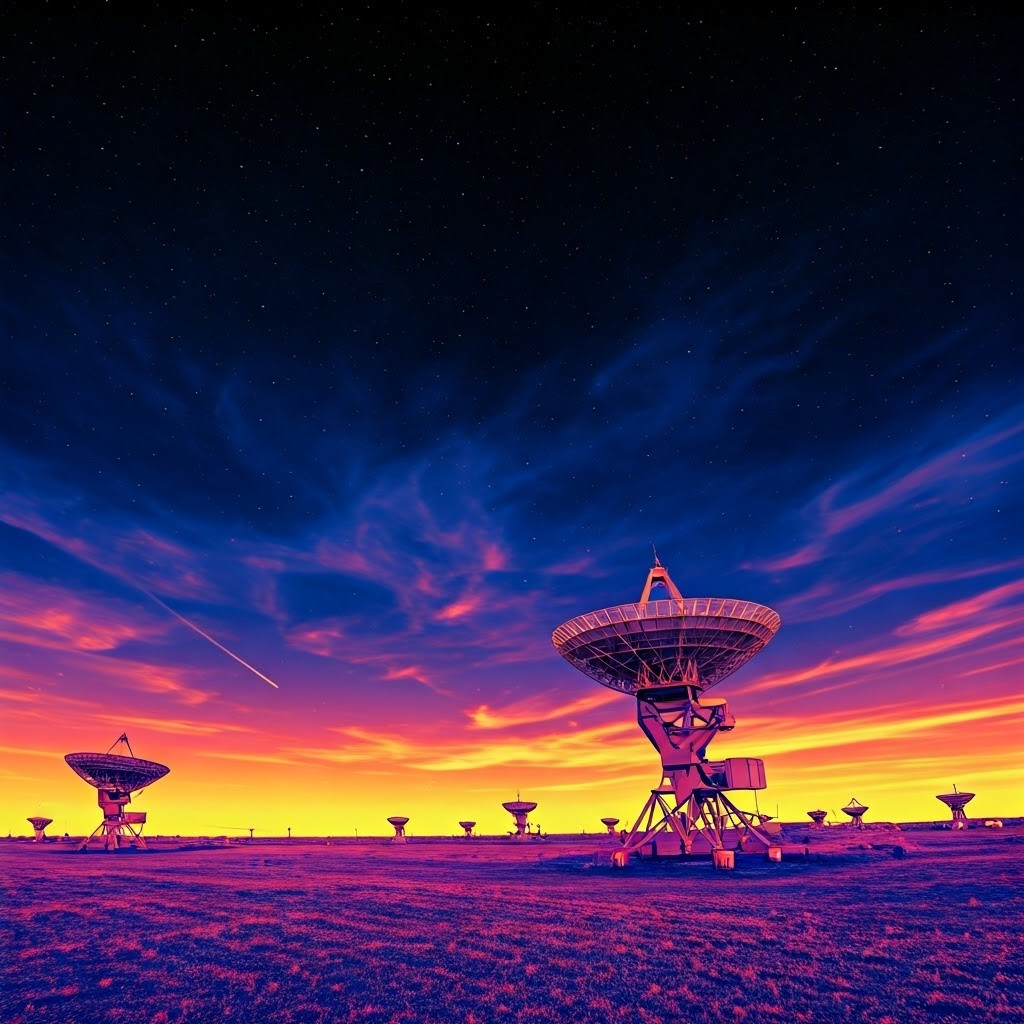 A full-sky thermal map glows with mottled blues and reds, observed by radio dishes