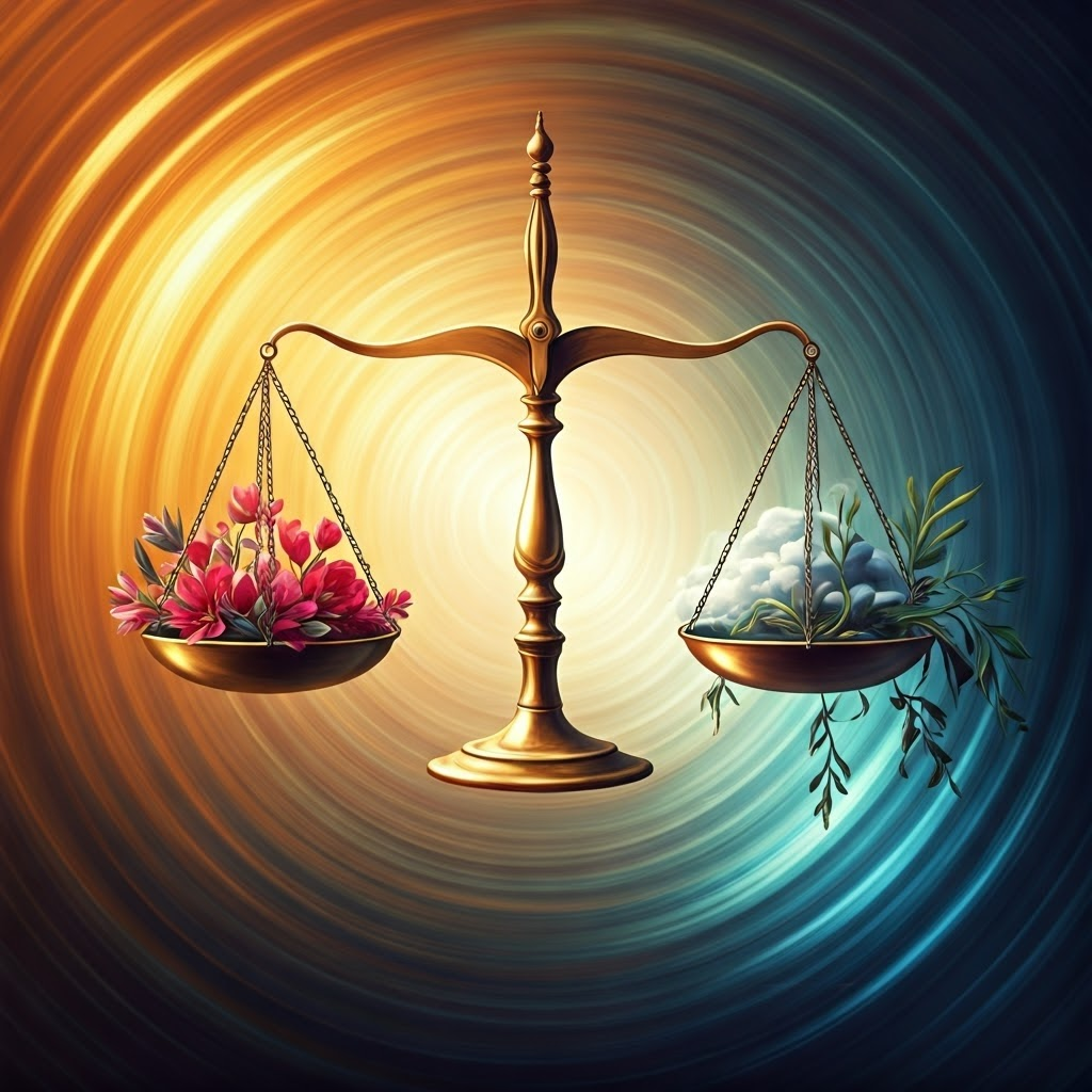 Dreamy impressionist painting of a golden scale balancing vibrant flowers and storm clouds, symbolizing homeostasis.