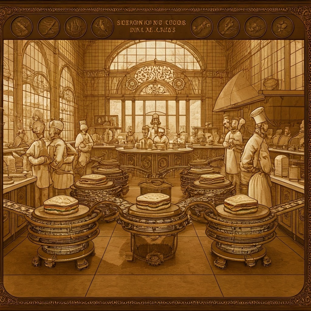 Steampunk cookbots on conveyors making custom sandwiches, comparing CGI and FastCGI