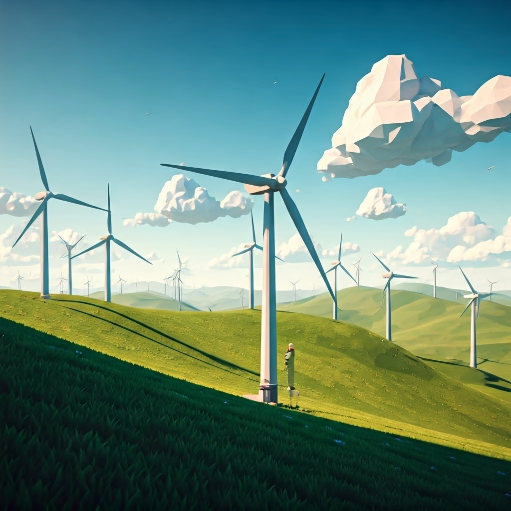 Low-poly wind farm on rolling hills with a technician inspecting a turbine—captures wind power in action