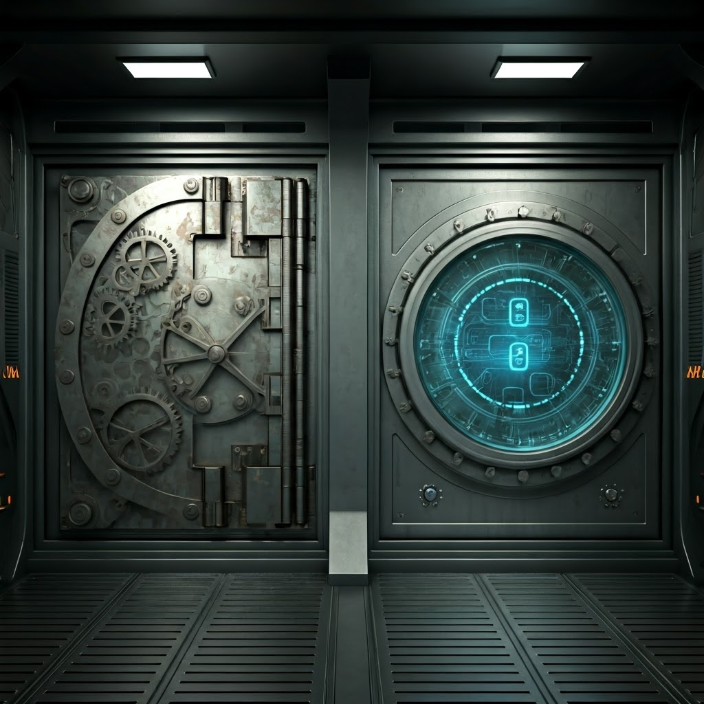 Old rusted vault door beside a sleek glass vault door with holographic keys, highlighting outdated versus modern security