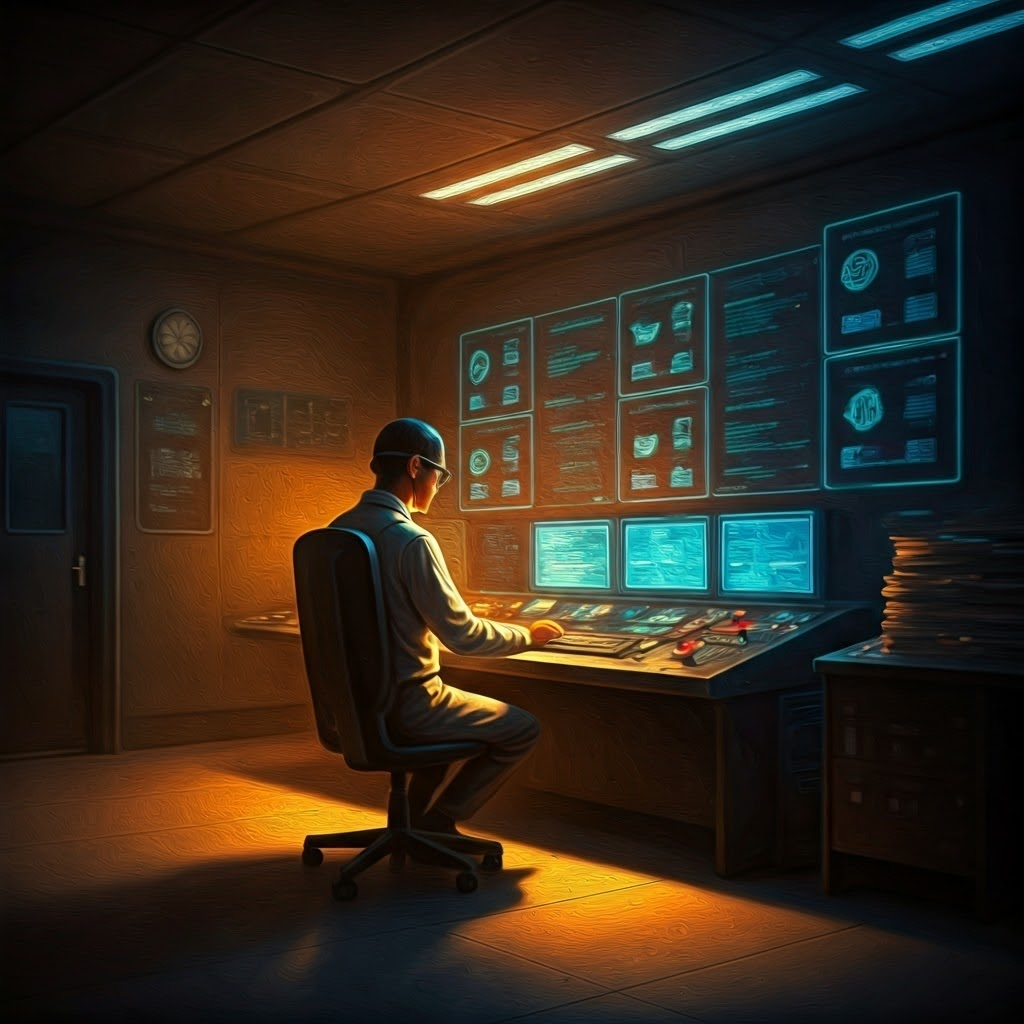 Surreal control room where an engineer sorts glowing code and objects by visibility