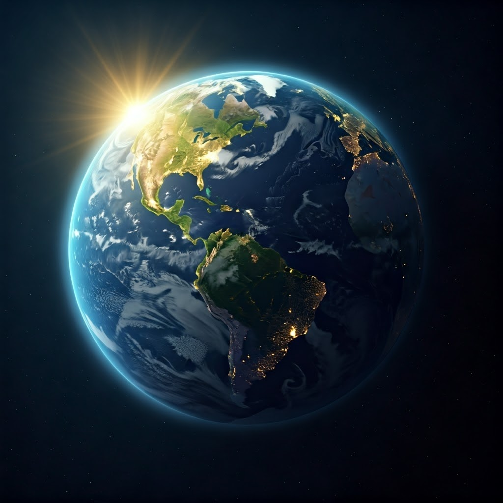 Sunlight strikes Earth, with some rays reflected by clouds and others reaching the surface.