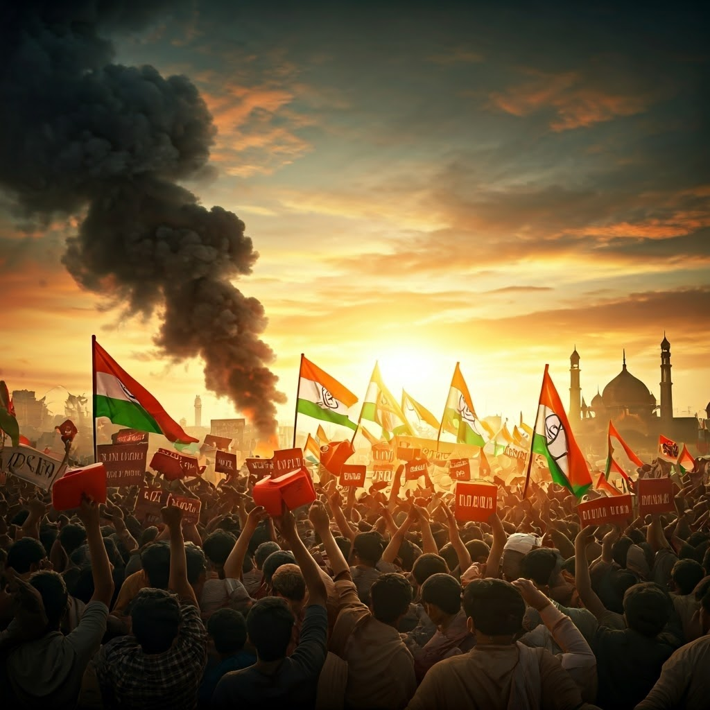 High-contrast scene of saffron-flag crowds facing minority rallies amid smoke and a demolished mosque outline
