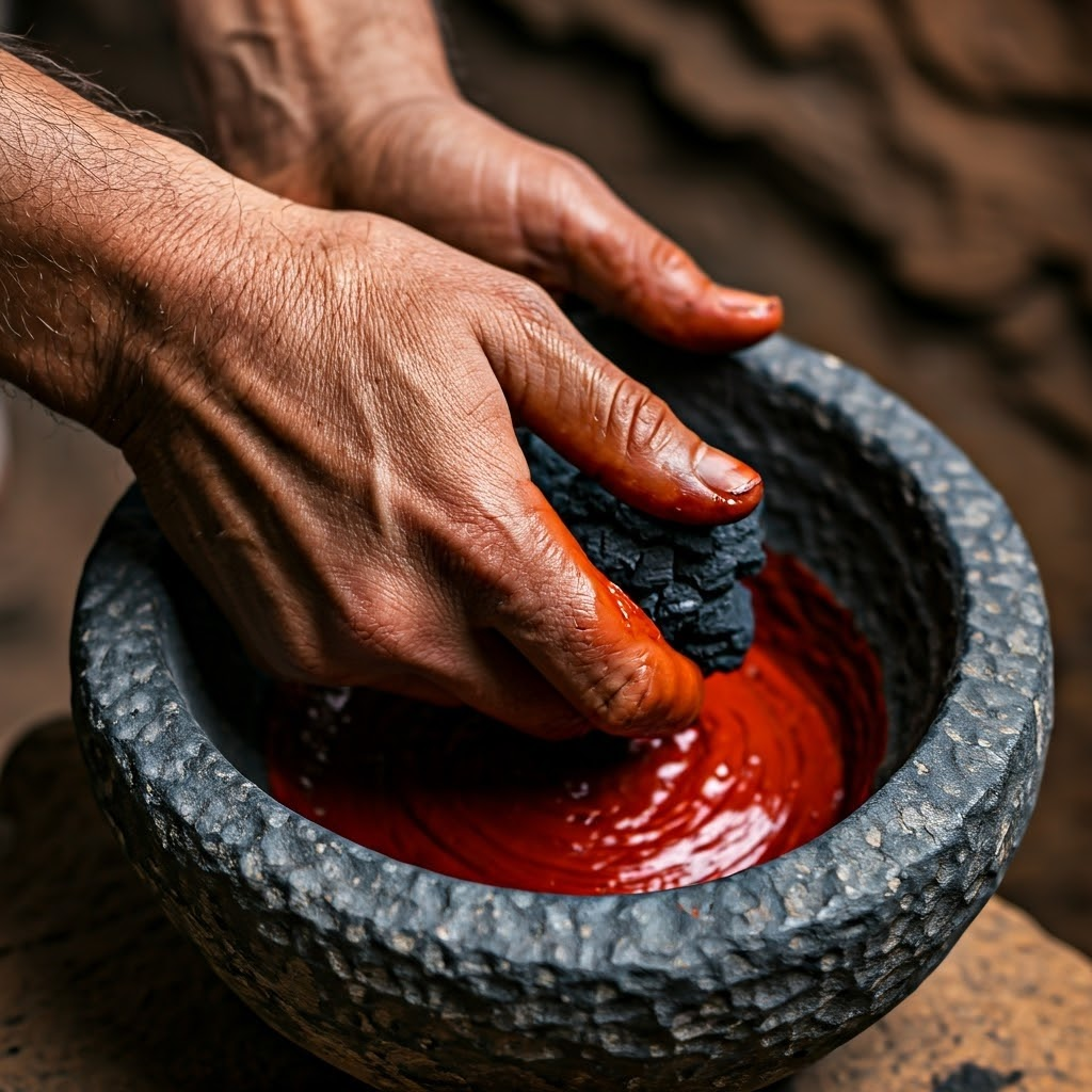 Rough hands mix red ochre and charcoal with animal fat in a stone bowl