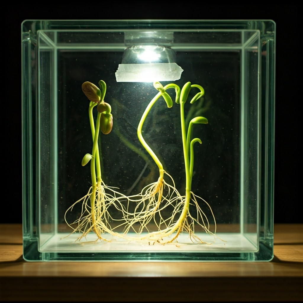 Bean seeds in a clear bag taped sideways to glass, roots curving down and shoots bending up despite unusual orientation