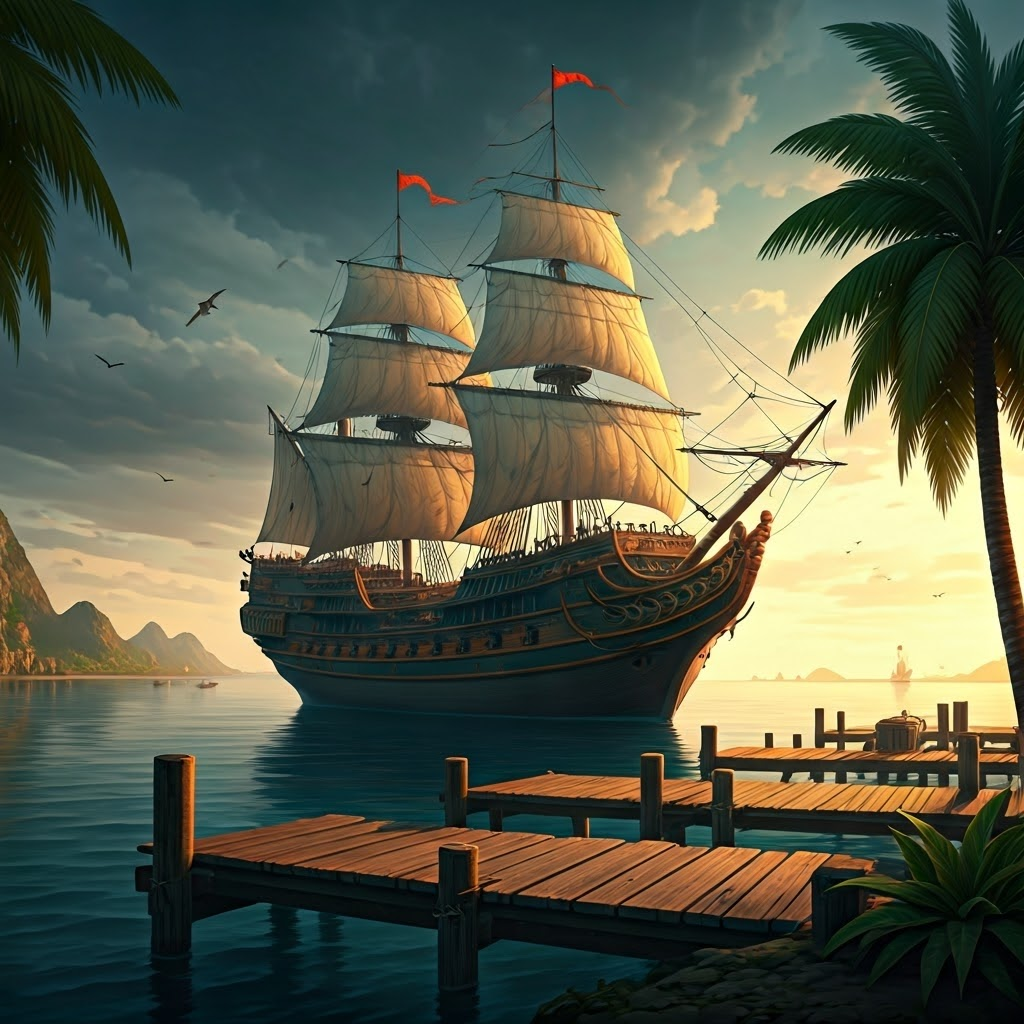 Massive Manila Galleon anchored in a tropical port, decks stacked with Chinese silk and porcelain