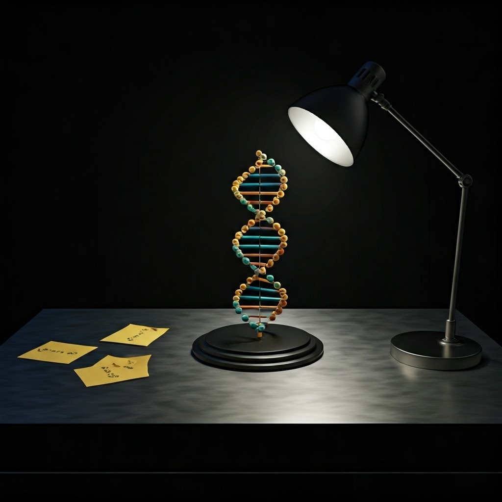 Colorful 3D DNA helix model highlights A-T and G-C base pairing.