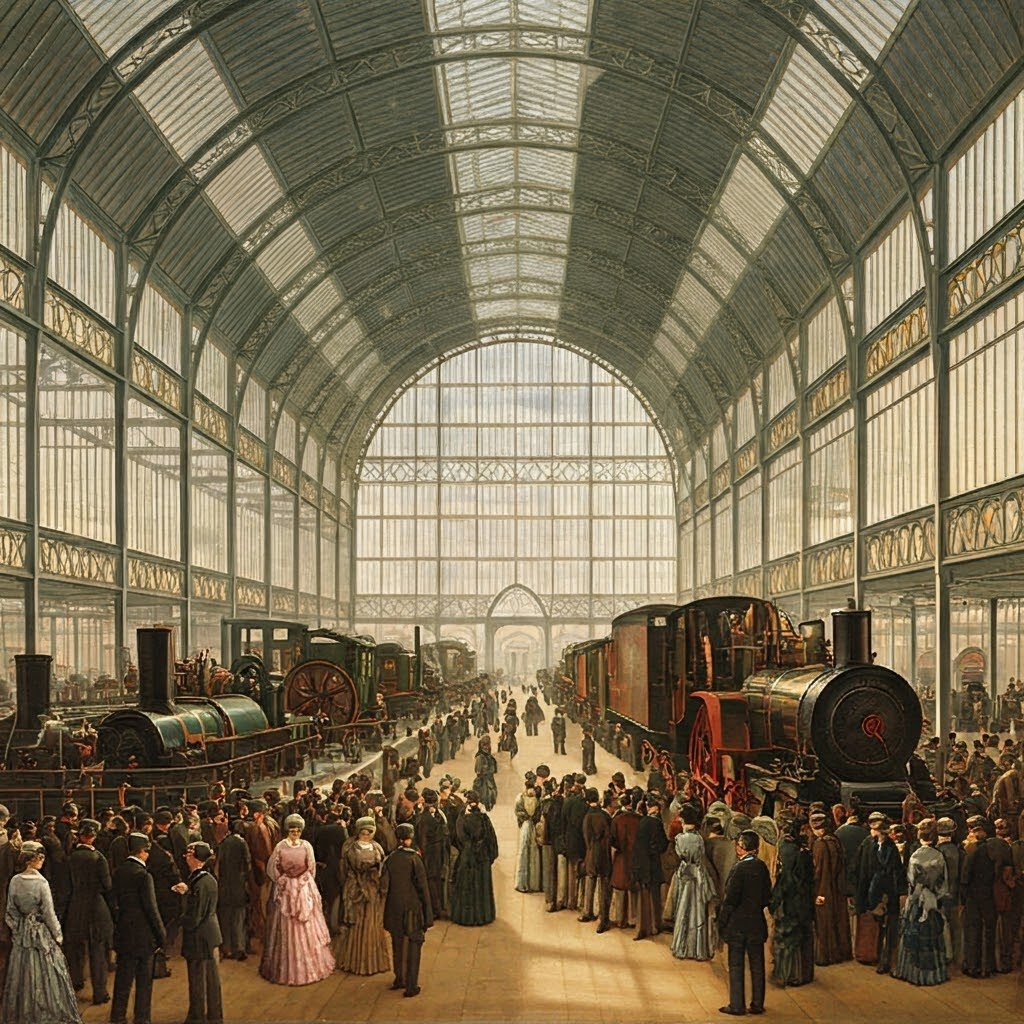 Panoramic view of London’s Crystal Palace Great Exhibition with global machinery under soaring glass arches