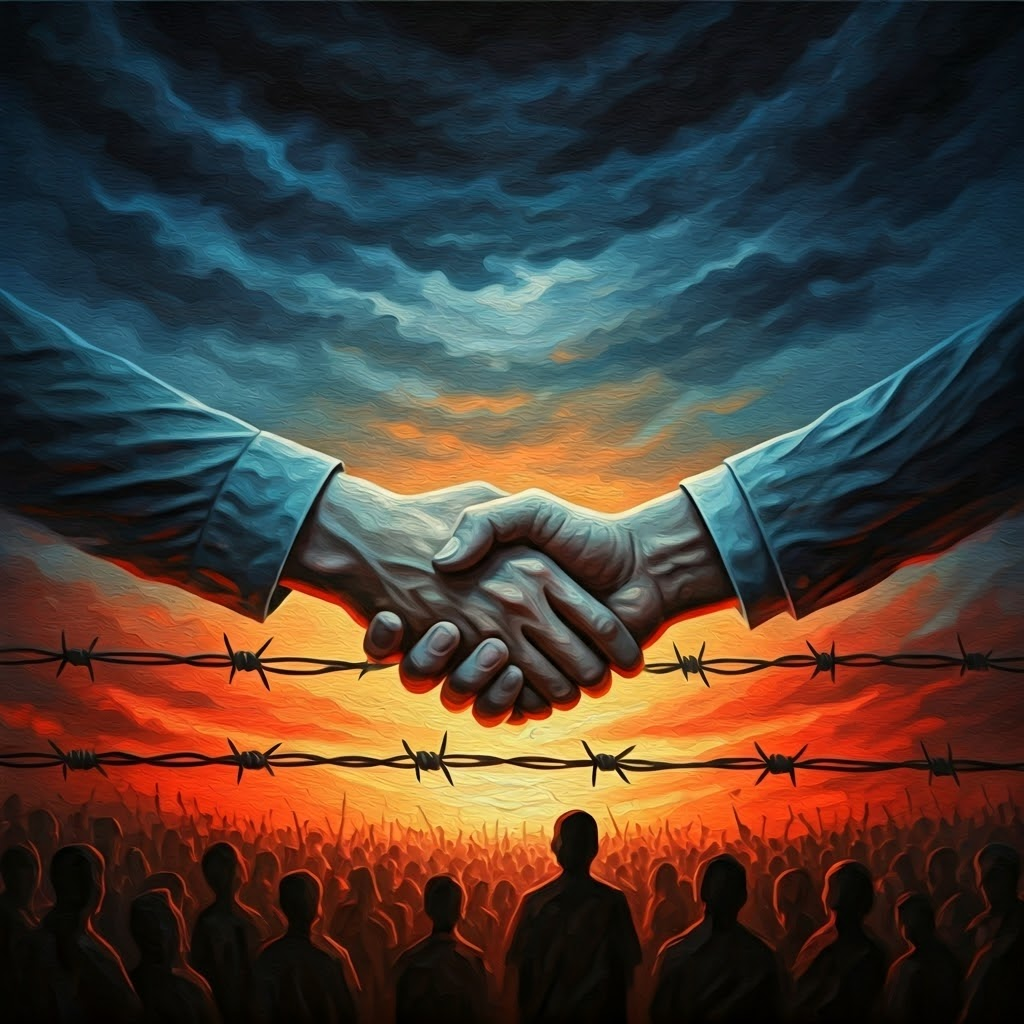 Ghostly hands shake over barbed wire, symbolizing fragile peace after Versailles