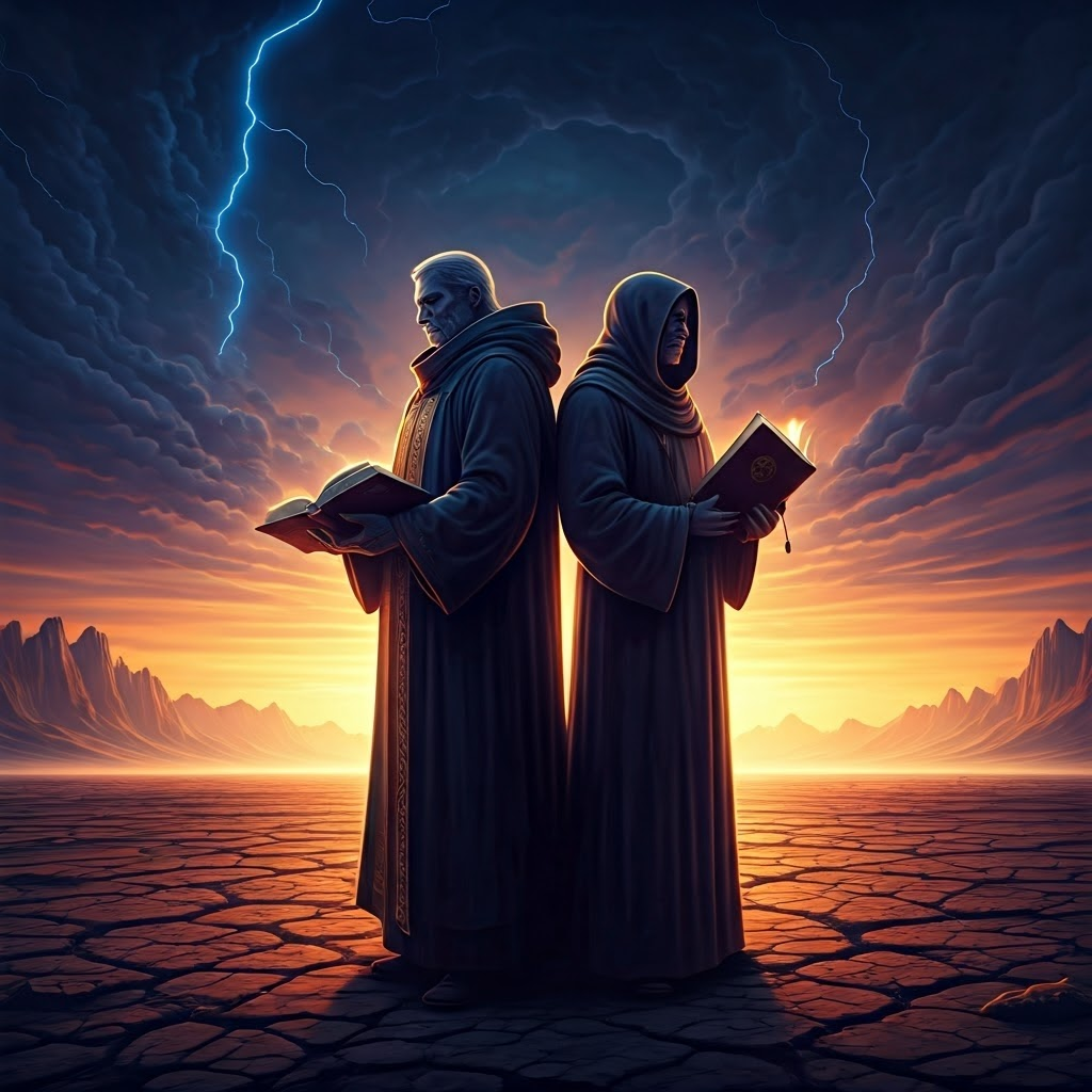 Contrasting scholars back-to-back under a brewing storm and clear sky, representing tension between progress and strict revival.