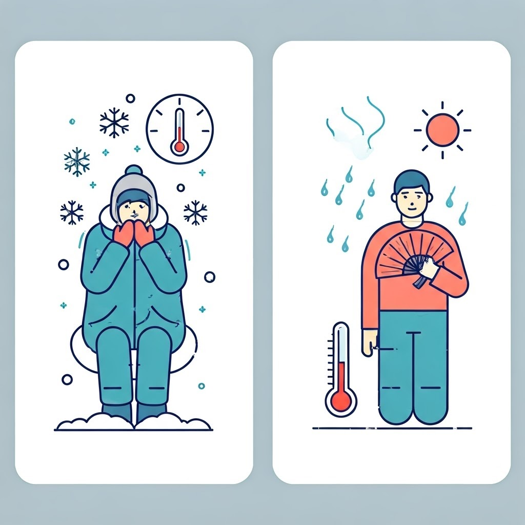 Modern vector graphic of a shivering person in snow and a sweating person in heat, illustrating temperature control.
