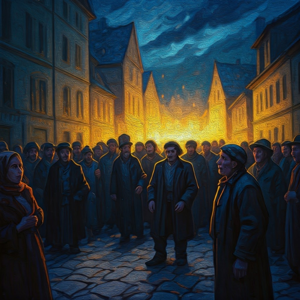 Swirling crowd of anxious townsfolk; bright sparks of color hint at tension and hope