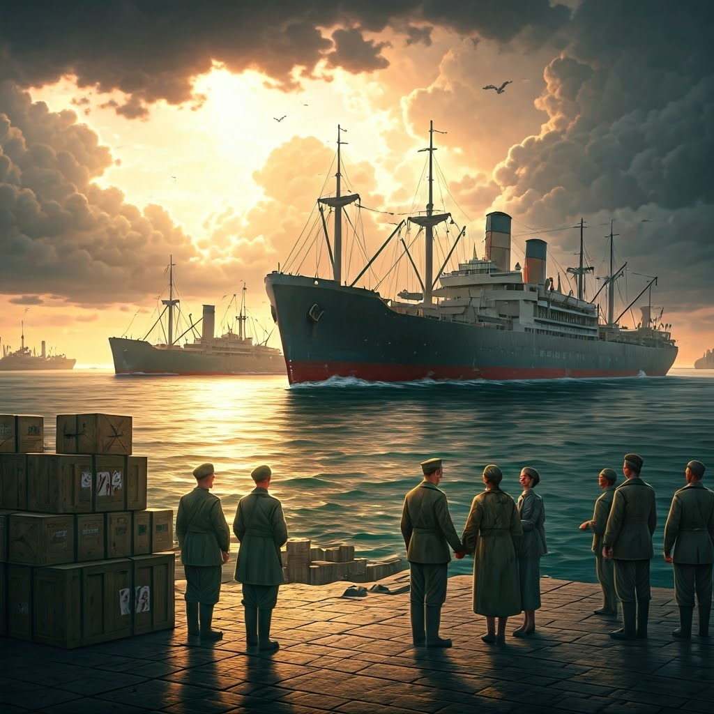 US and Soviet ships unloading aid in distant harbors, people greeting warmly