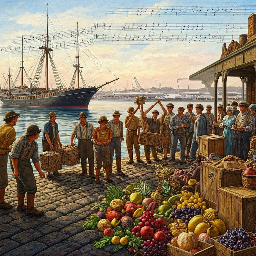 Collage of dockworkers’ human chain, merchants signing insurance, and modern airport silhouette highlighting continuity