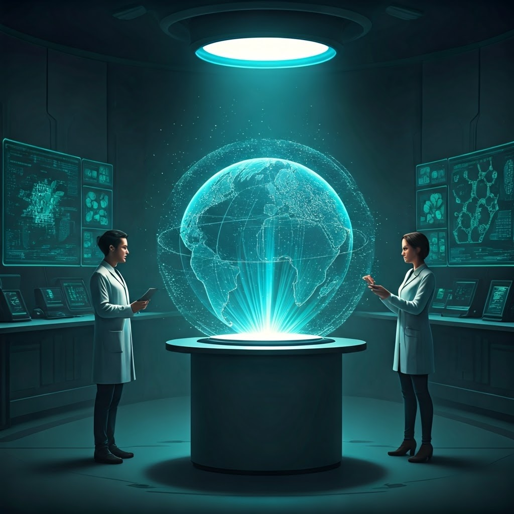 Modern lab where diverse scientists study a holographic globe, symbolizing today’s flow of innovation.