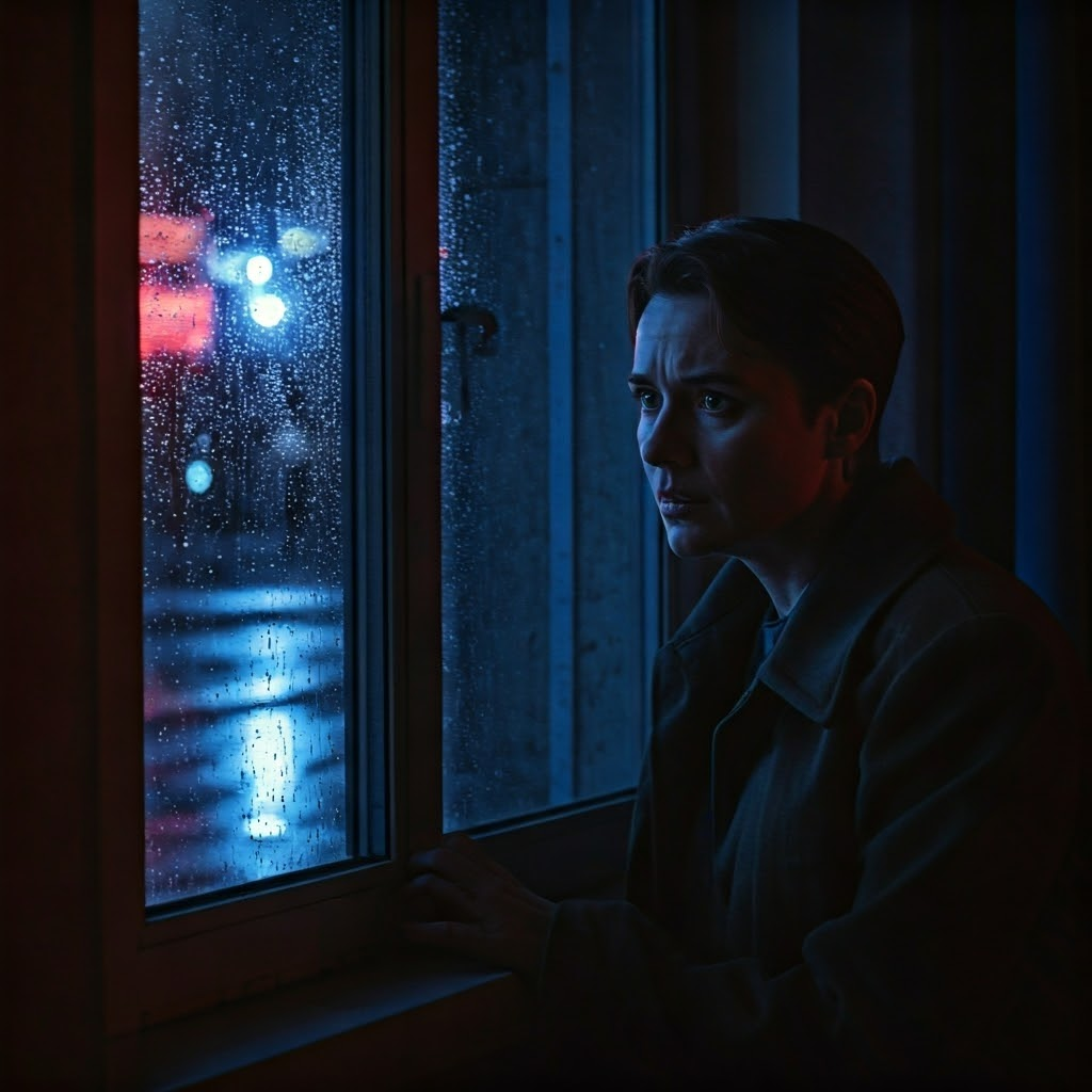 Moody film-noir scene of a person staring through a rain-streaked window, capturing the secrecy and tension LGBTQ people felt before Stonewall.