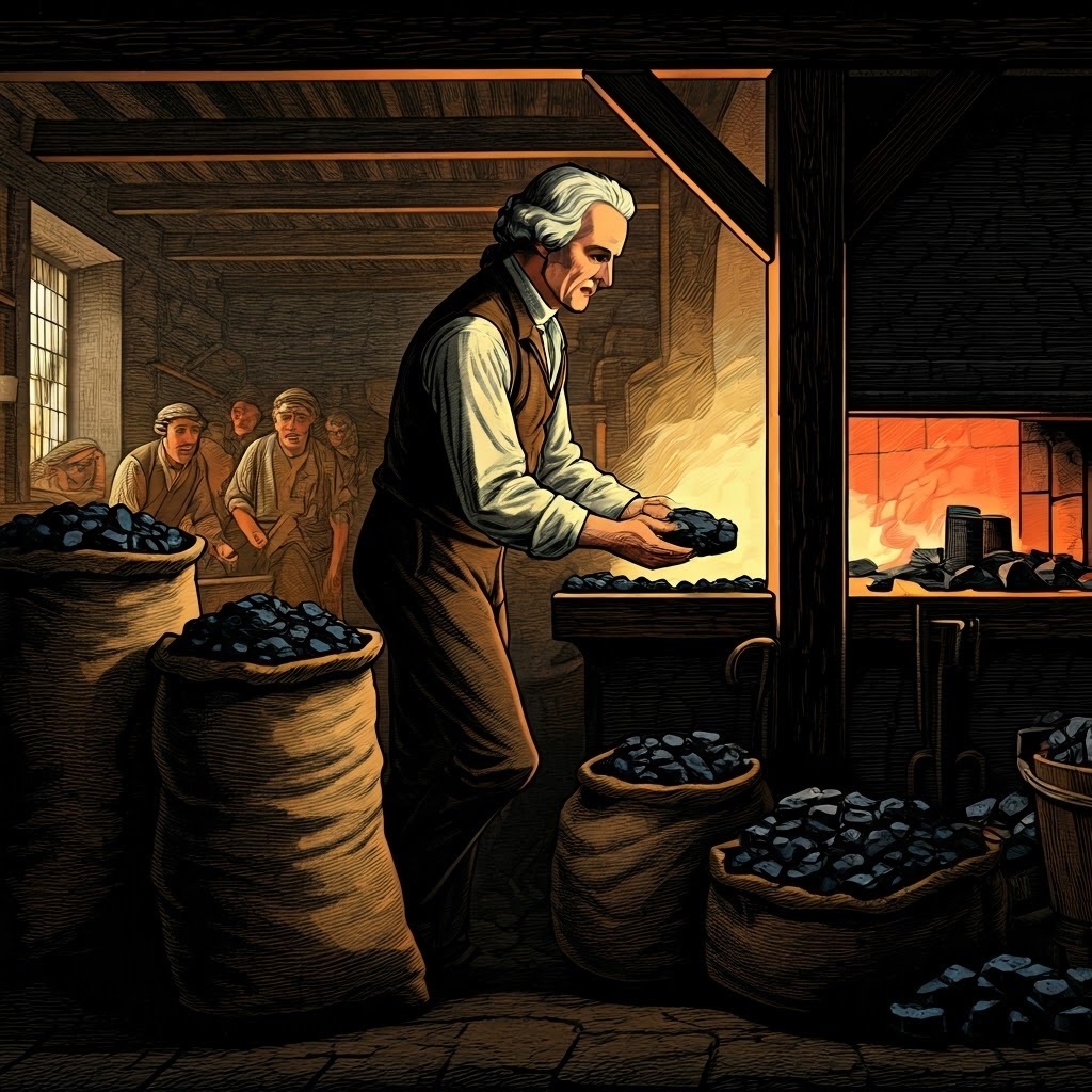 Abraham Darby studies clean grey coke beside coal sacks inside a warm forge, marking a turning point in fuel choice.