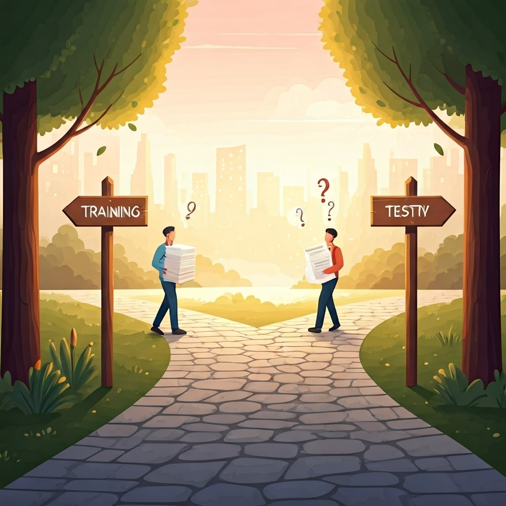 Illustration of a park path splitting into training and testing trails with signposts