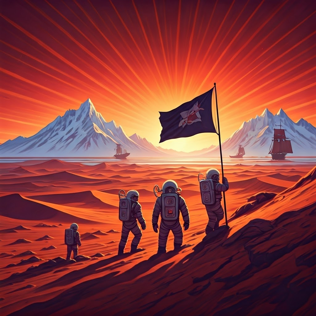 Astronauts plant a flag on dusty Mars, their silhouettes blending historic exploration with cosmic ambition.