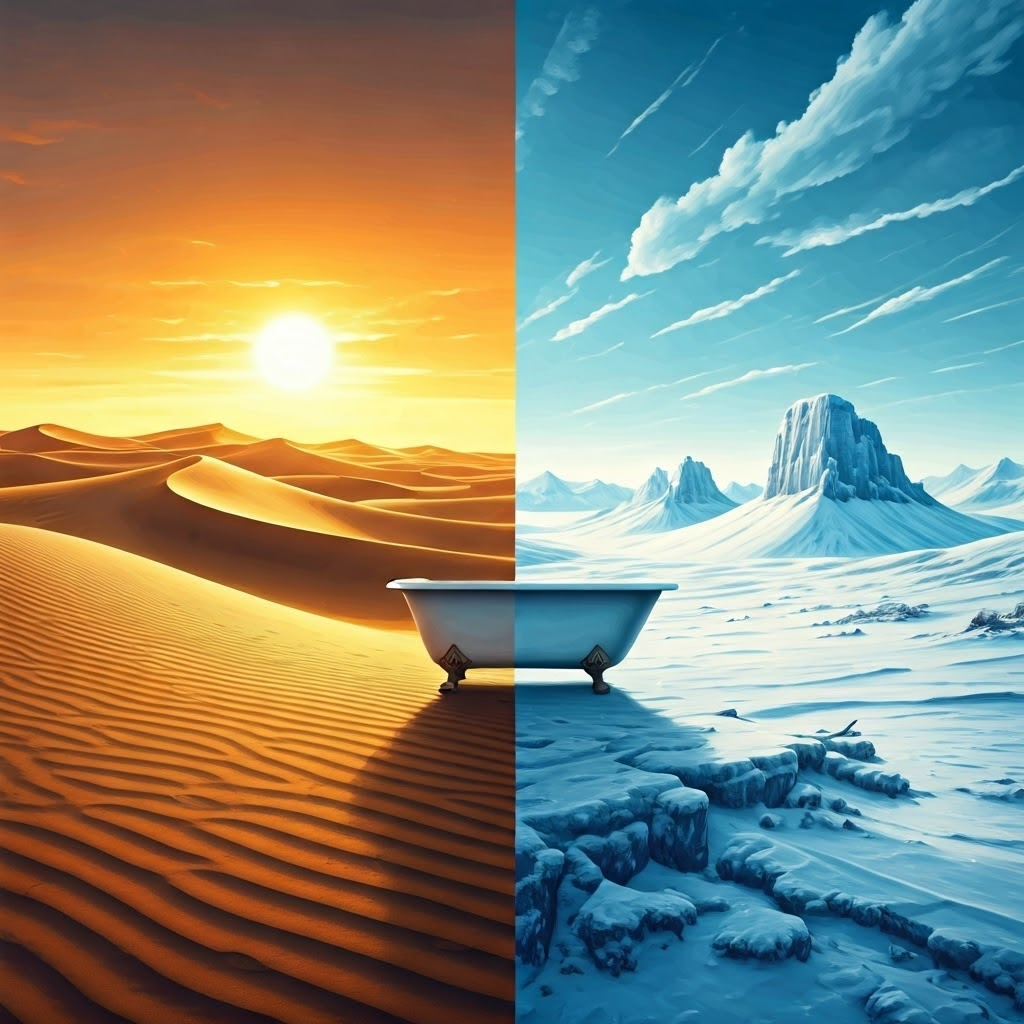 Split-scene illustration contrasts hot sandy dunes with icy tundra, highlighting the 250 mm yearly rainfall limit. A lone bathtub visualizes the tiny amount of water.