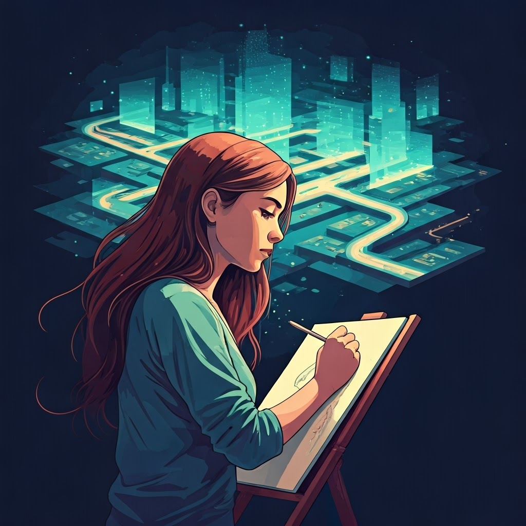 Young woman sketching, neon city-like neural pathways radiate from her head, symbolizing brain growth through creative practice.