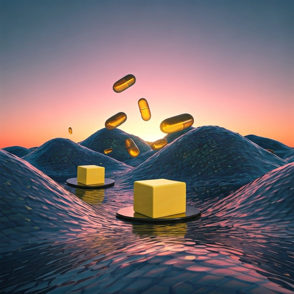 Surreal 3D landscape of butter blocks, olive-oil droplets, fish scales, and nut shells, representing diverse dietary fats