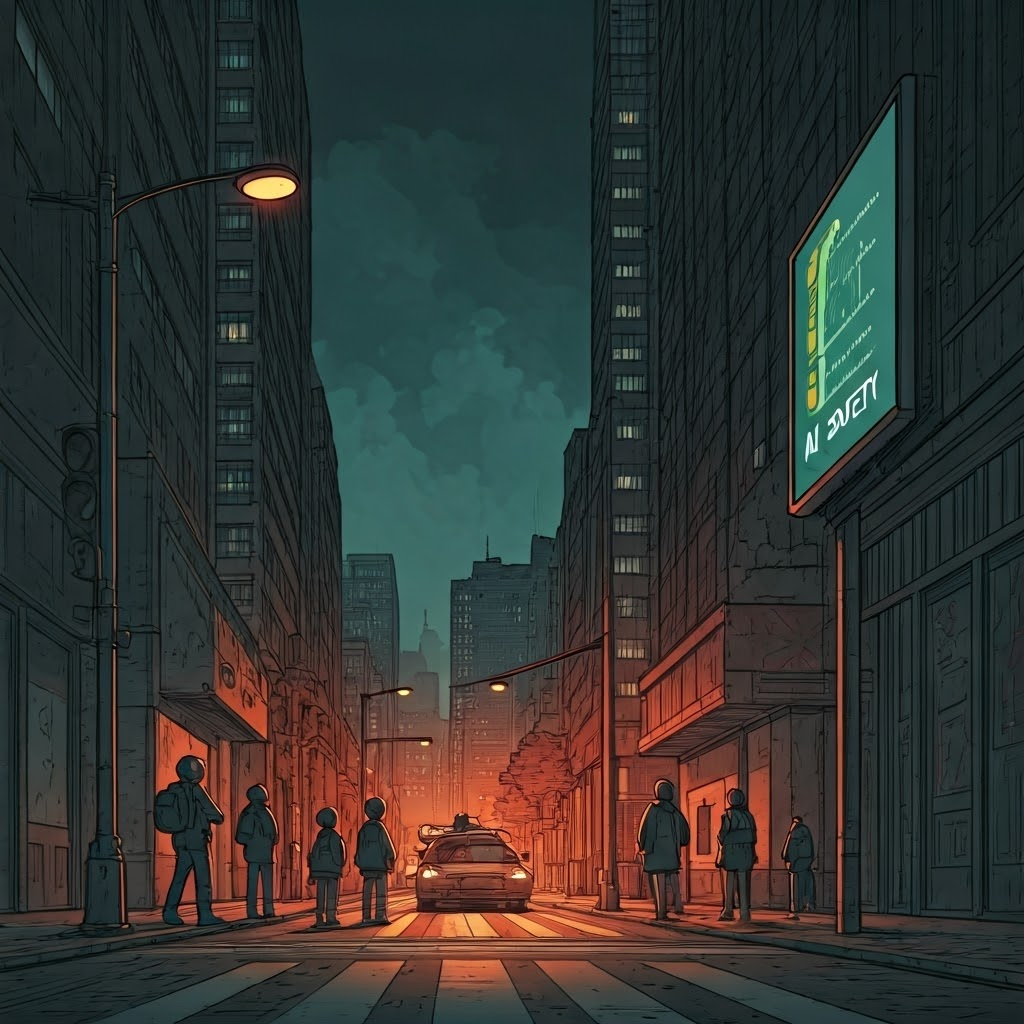 Autonomous traffic lights guide cars as an overlay tracks fairness, transparency, and control metrics.