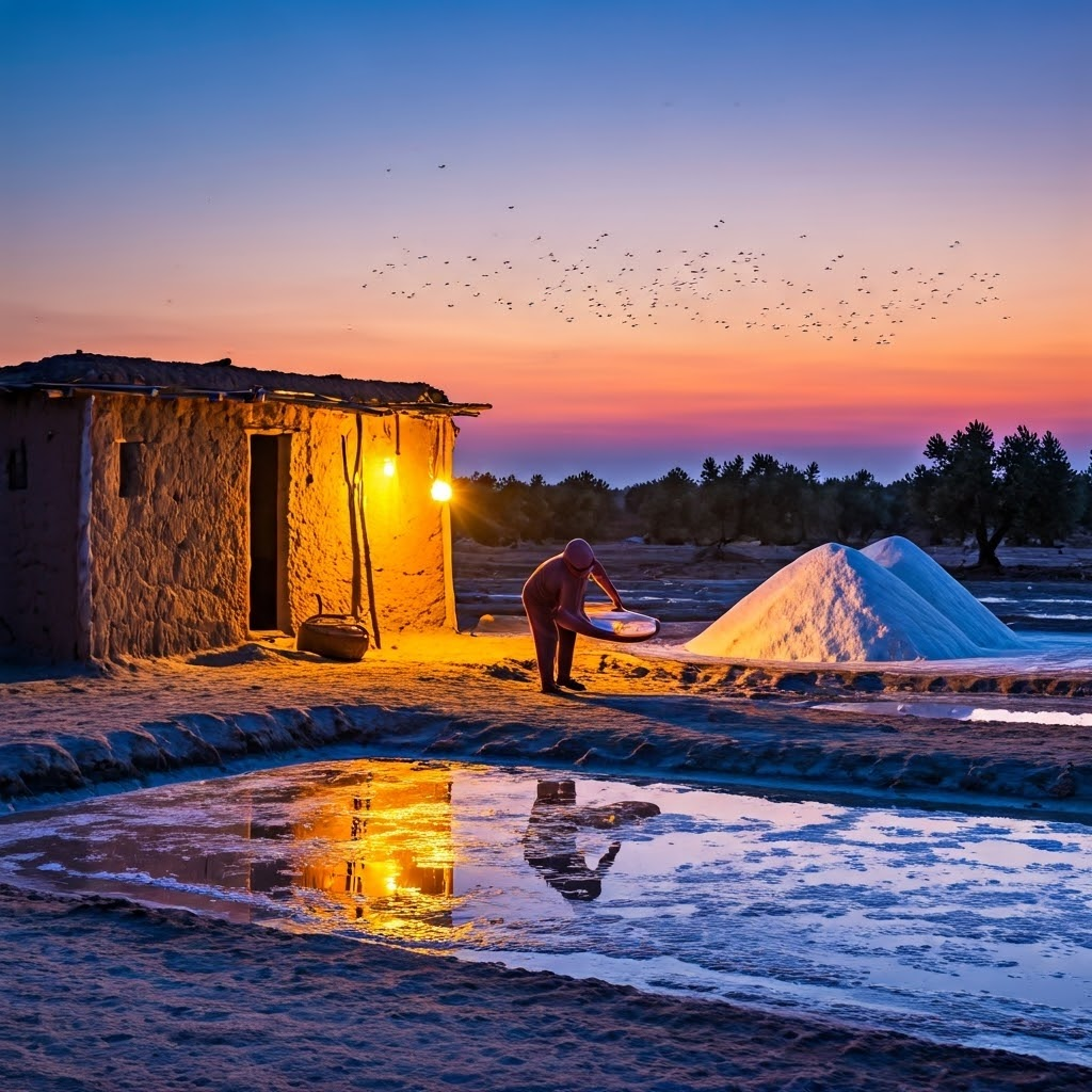 Anatolian villagers at dusk harvesting salt crystals beside a shallow spring