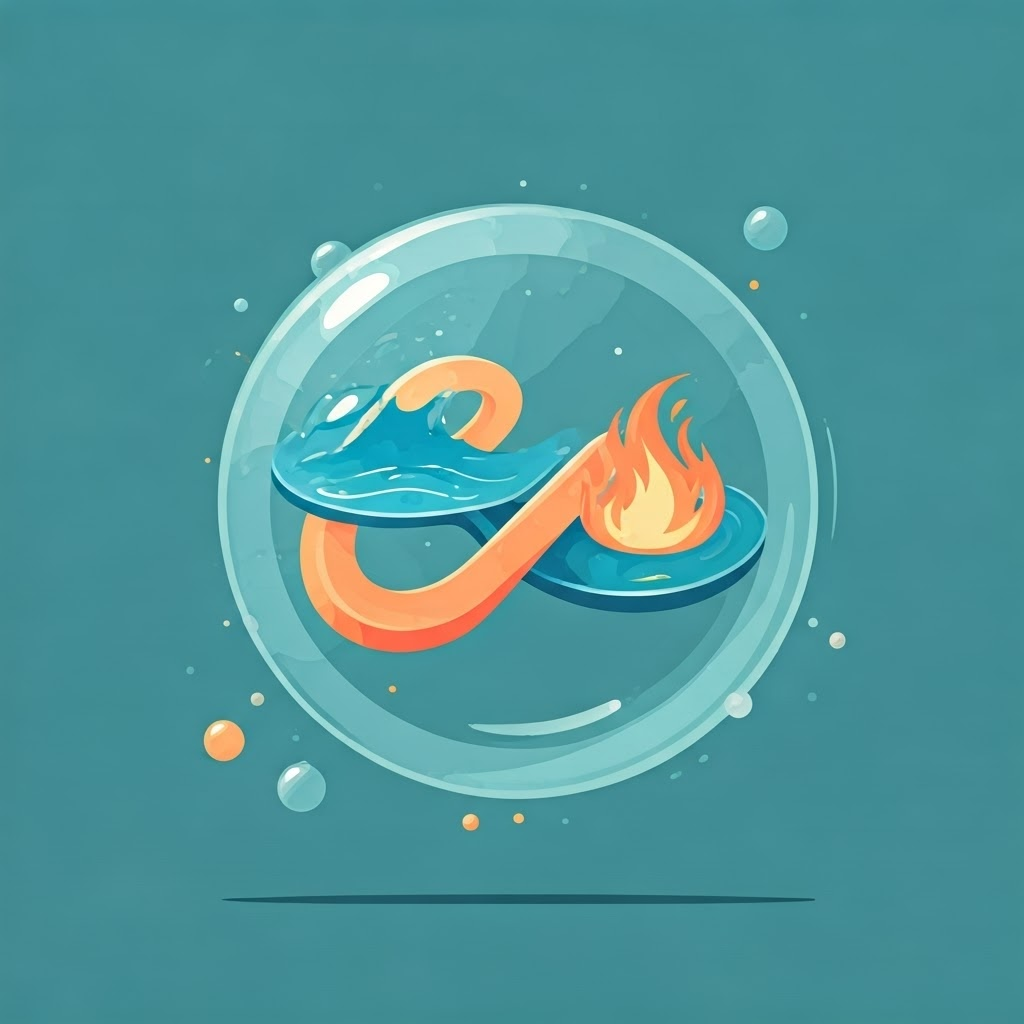 Minimal vector bubbles show water, air, fire, and an infinite swirl, linking elements through bold icons