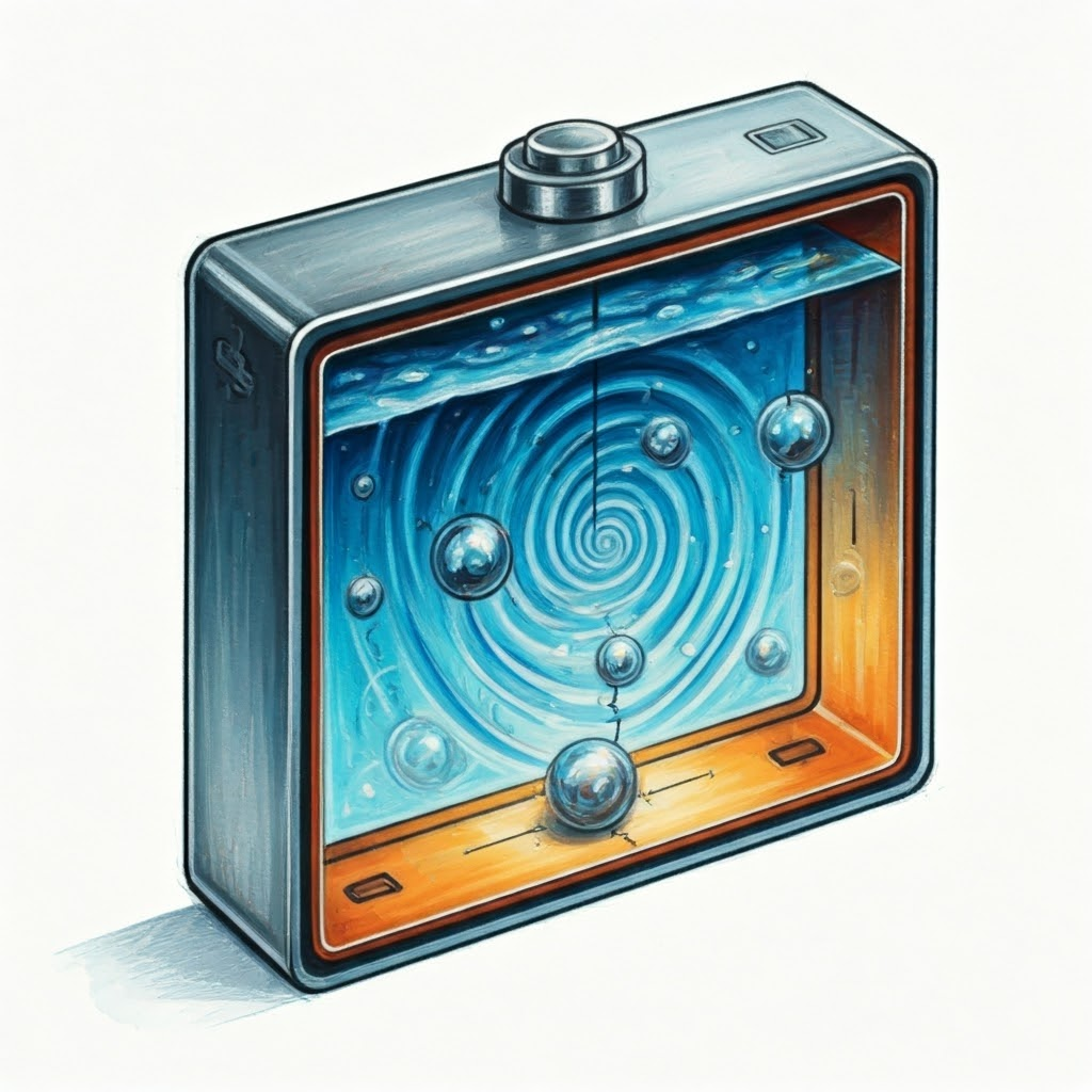 Pastel diagram of a battery interior with labeled anode, cathode, and swirling ions in the electrolyte