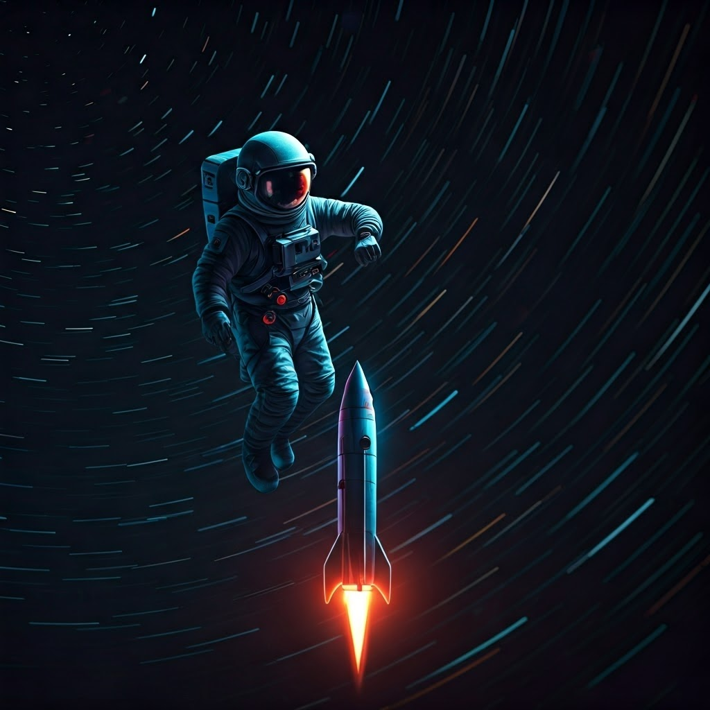 An astronaut in low Earth orbit checks a wristwatch, neon trails of stars curving behind a retro rocket.