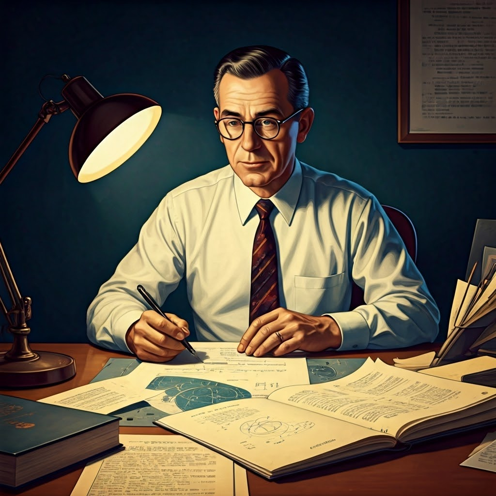 1950s illustration of Frank Kameny at a desk filled with documents, symbolizing his legal fight against discriminatory firing.