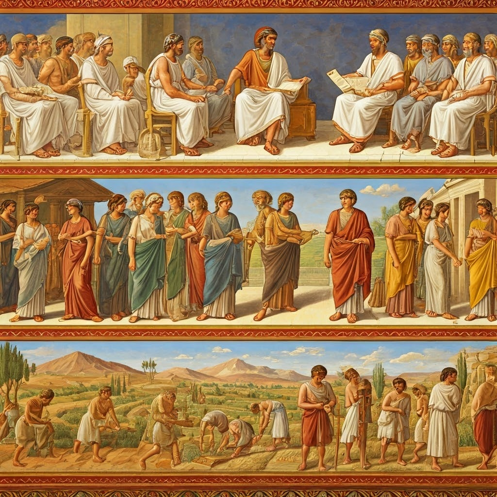 Layered mural showing citizens, metics, women, and slaves, highlighting social tiers