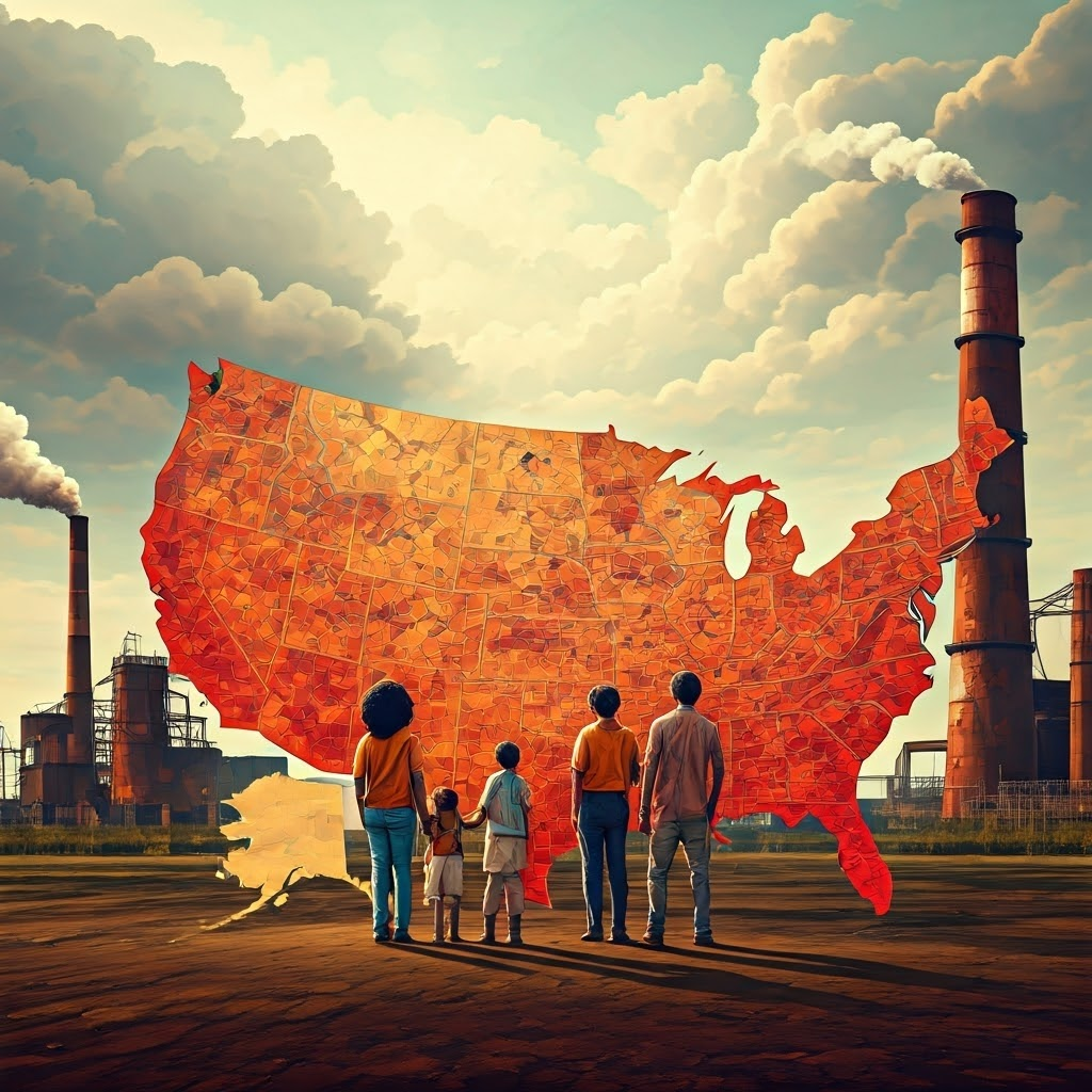 Illustrated U.S. map shows polluted hotspots near marginalized communities standing beside smokestacks and incinerators